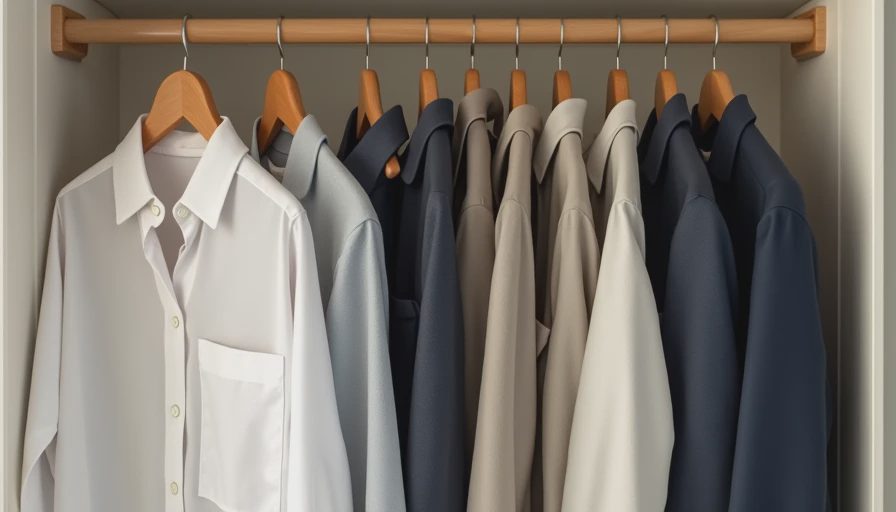 Organized closet with versatile spring capsule clothing on wooden hangers