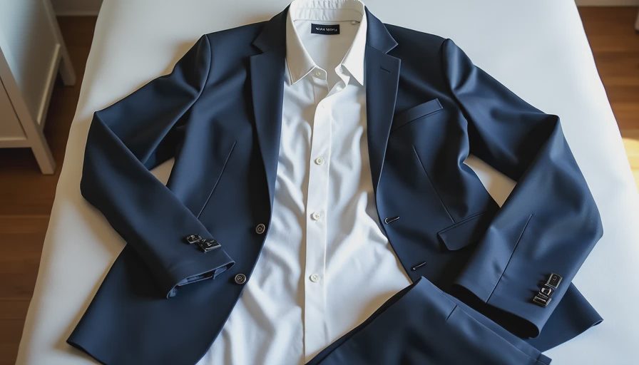 Professional client meeting outfit with navy blazer, white shirt and trousers