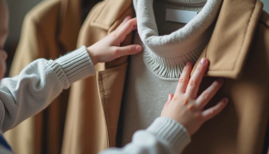 Child interacting with timeless wardrobe pieces like blazer and rollneck