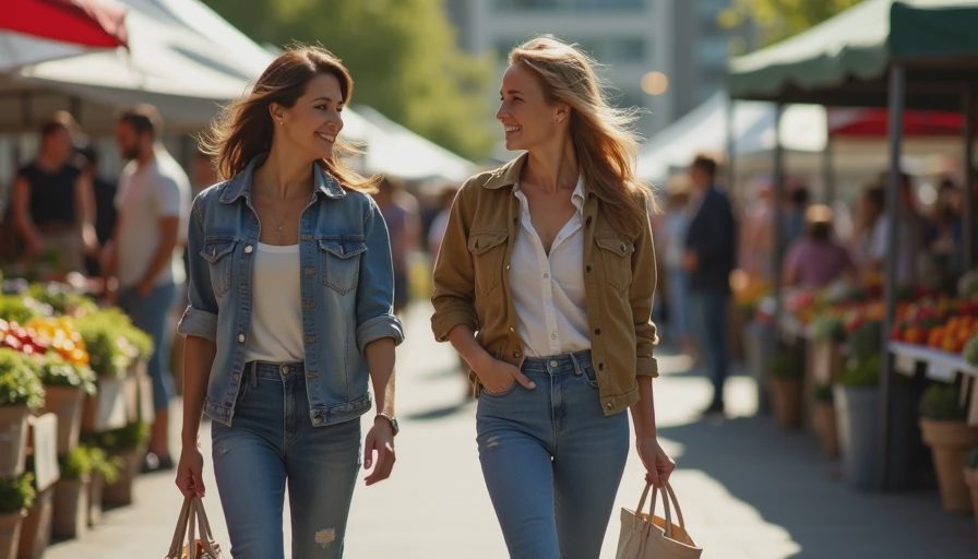 Women in practical stylish outfits at Richmond farmers market