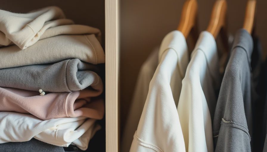 Comparison of cluttered fast fashion closet versus organized quality capsule wardrobe with wooden hangers