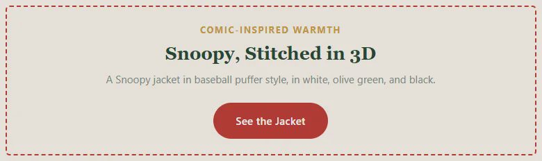 Banner: Snoopy, Stitched in 3D, baseball puffer Snoopy jacket